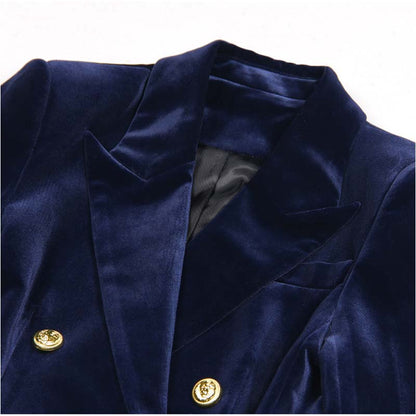 Navy blue double breasted velvet pantsuit with gold-button details for elegant style