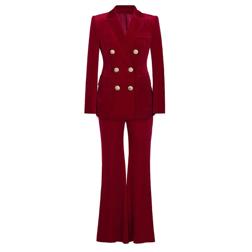 Elegant double breasted velvet pantsuit in rich red with stylish buttons and flared pants