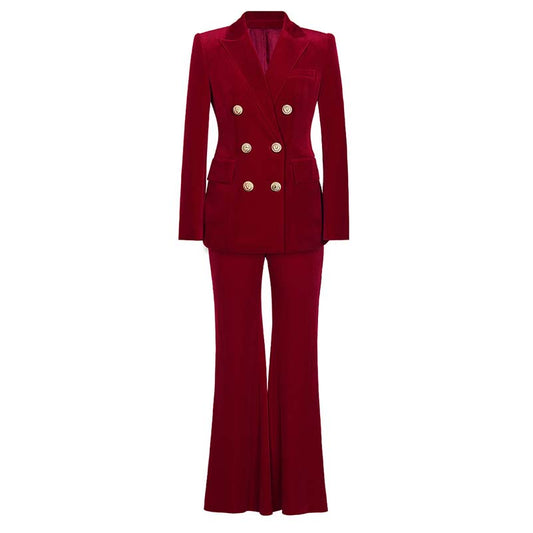 Elegant double breasted velvet pantsuit in rich red with stylish buttons and flared pants