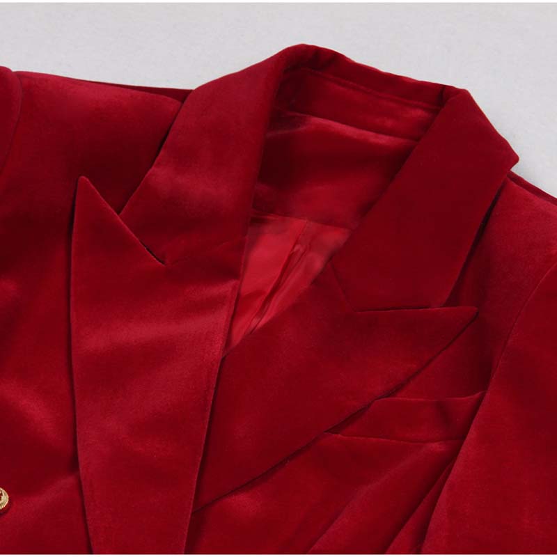 Elegant double breasted velvet pantsuit in rich red with luxurious fabric for stylish occasions