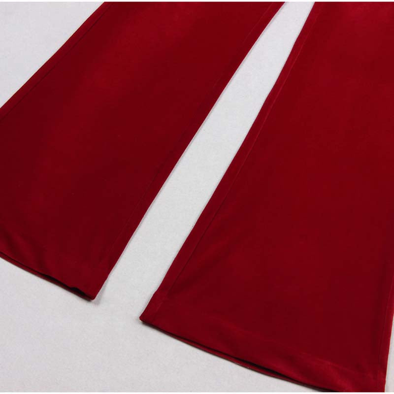 Stylish red double breasted velvet pantsuit featuring wide-leg trousers for a chic look