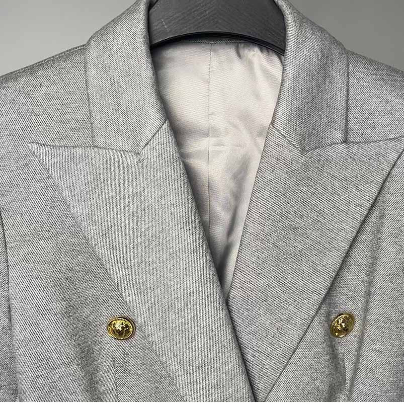 Grey Double Breasted Blazer with Gold Buttons – Chic & Polished Looks