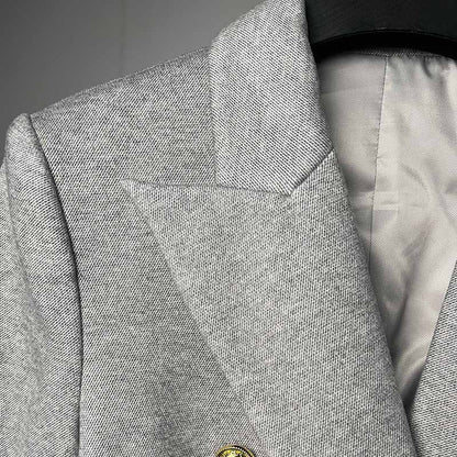 Grey Double Breasted Blazer with Gold Buttons – Chic & Polished Looks