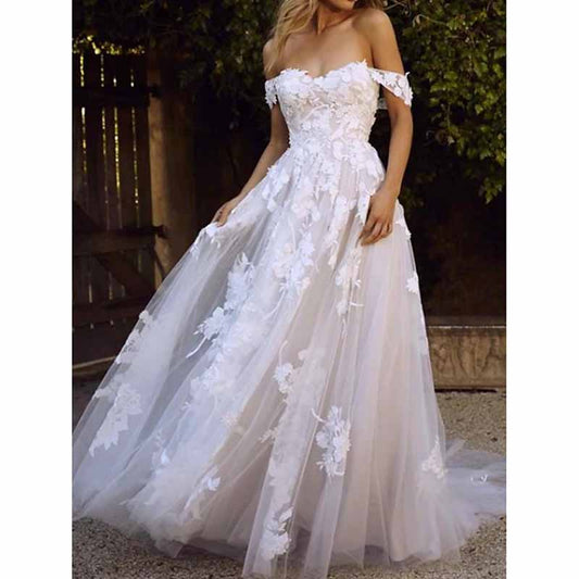 Tulle A-Line Princess Off-The-Shoulder Zipper Wedding Dress With Appliqued
