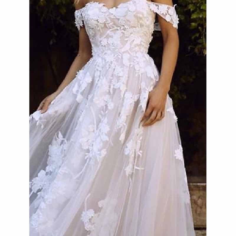 Tulle A-Line Princess Off-The-Shoulder Zipper Wedding Dress With Appliqued