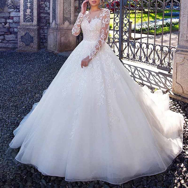 Ball Gown Bateau Full Long Sleeve Court Train Tulle Wedding Dress With ...