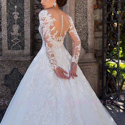 Ball Gown Bateau Full Long Sleeve Court Train Tulle Wedding Dress With Appliqued Lace