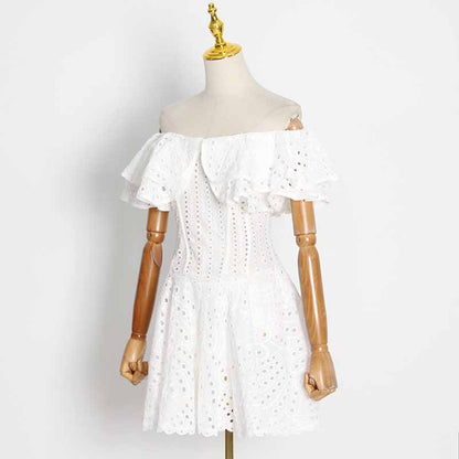 Off Shoulder Embroidered Ruffled Mini Dress