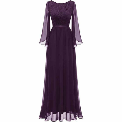 Long Sleeves Chiffon and Lace Bridemaid Dress Evening Long Collar-scoop Prom Dress