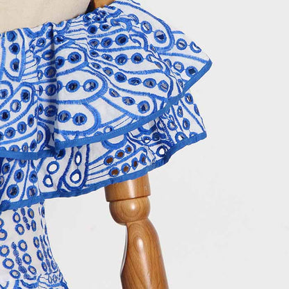 Off Shoulder Embroidered Ruffled Mini Dress