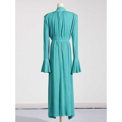 Women Long Flared Sleeve Formal Dress Shoulder Padded High Slit Event Dress