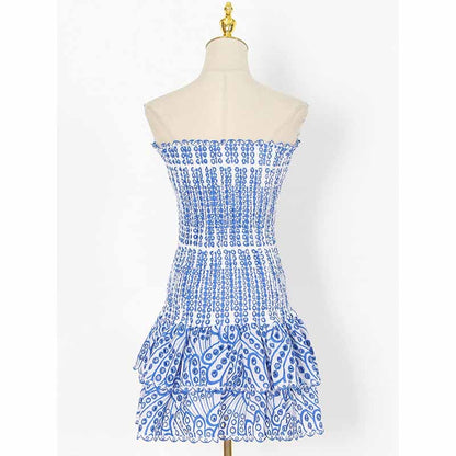 Embroidered Ruffled Strapless Mini Dress
