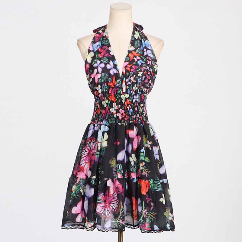 Halter Floral Patchwork Multi-Layered Ruffle Mini Dresses