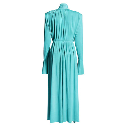 Women Long Flared Sleeve Formal Dress Shoulder Padded High Slit Event Dress