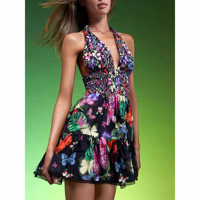 Halter Floral Patchwork Multi-Layered Ruffle Mini Dresses