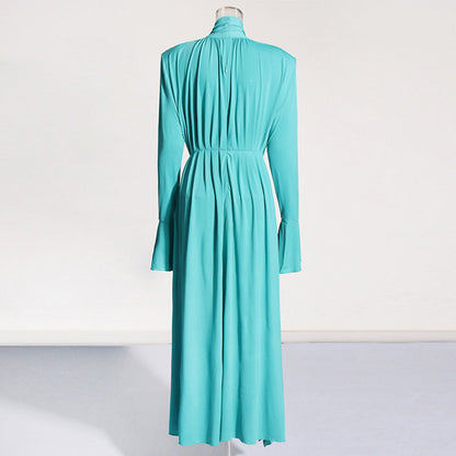 Women Long Flared Sleeve Formal Dress Shoulder Padded High Slit Event Dress