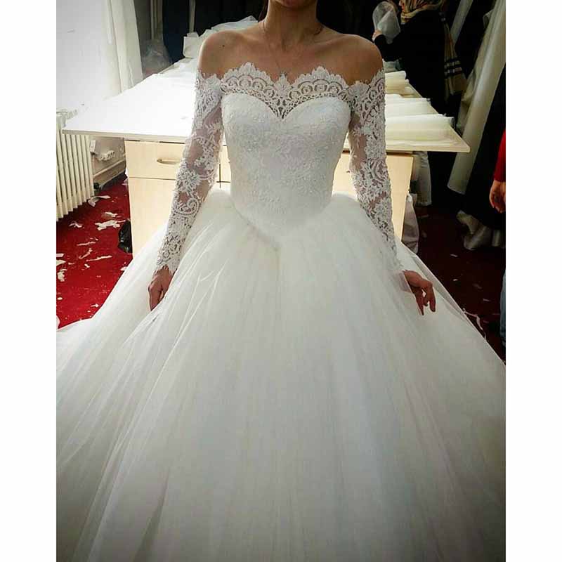 Tulle Wedding Dress Ball Gown Off-The-Shoulder Sweep Train With Lace Beaded