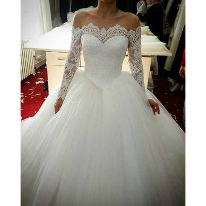 Tulle Wedding Dress Ball Gown Off-The-Shoulder Sweep Train With Lace Beaded
