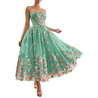 Strapless Flower Tea Length Embroidered Tulle Lace Formal Dress Homecoming Dress