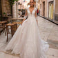 A-Line Princess V Neck Tulle Lace-up Wedding Dress With Appliqued