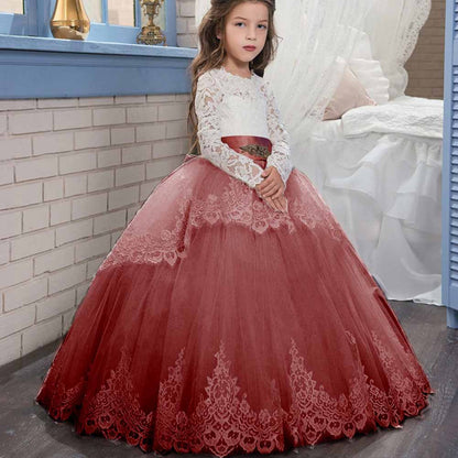 Princess Lace Flower Wedding Dress Kids Prom Puffy Tulle Ball Gown