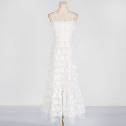 Womens Halterneck Midi Dress Lace Embroidered Floral Dress