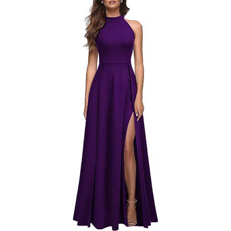 Halter Fitted Prom Dress Split Long Bridesmaid Dress