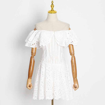 Off Shoulder Embroidered Ruffled Mini Dress