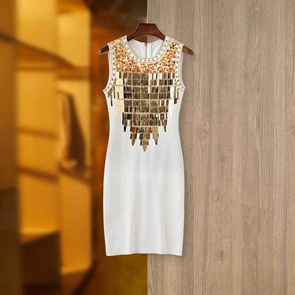 Women Sleeveless Beaded Bodycon Dress Evening Prom Gown Slim Fit Mini Dress