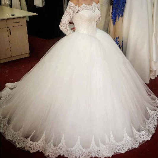 Tulle Wedding Dress Ball Gown Off-The-Shoulder Sweep Train With Lace Beaded