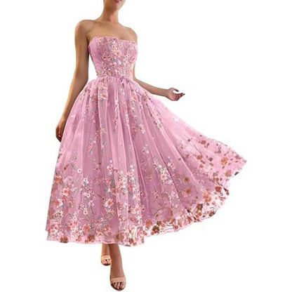 Strapless Flower Tea Length Embroidered Tulle Lace Formal Dress Homecoming Dress
