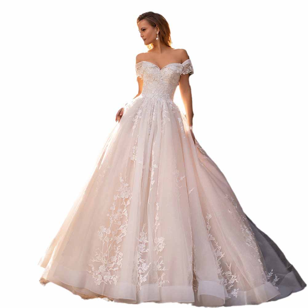 A Line Off the shoulder Tulle Wedding Dresses With Appliques Lace
