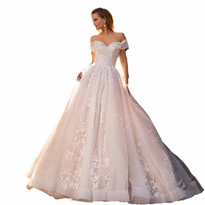 A Line Off the shoulder Tulle Wedding Dresses With Appliques Lace