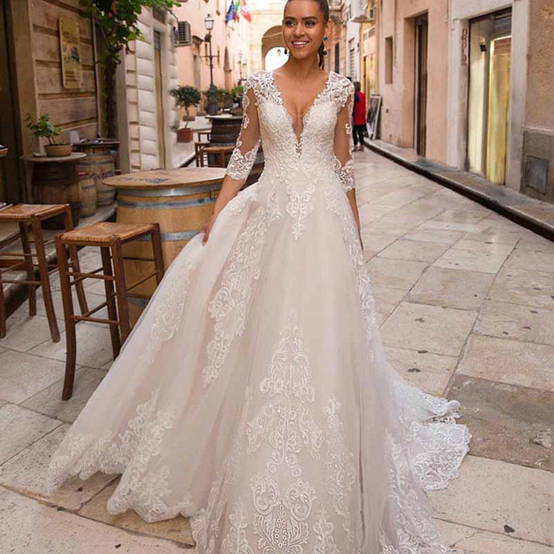 A-Line Princess V Neck Tulle Lace-up Wedding Dress With Appliqued – SD