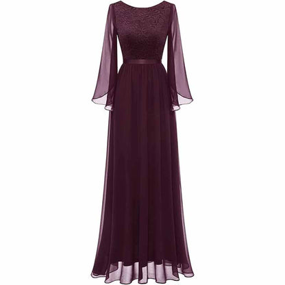 Long Sleeves Chiffon and Lace Bridemaid Dress Evening Long Collar-scoop Prom Dress