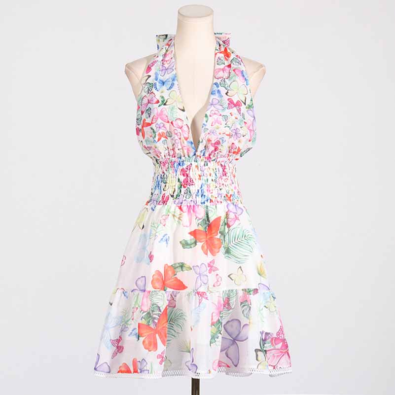 Halter Floral Patchwork Multi-Layered Ruffle Mini Dresses