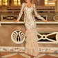 Long Sleeve Sequined Gold Tulle Mermaid Prom Dress Evening Cocktail Derss