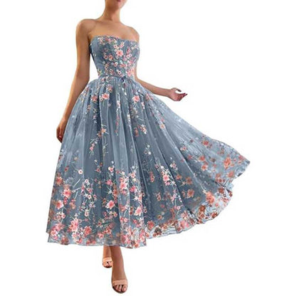 Strapless Flower Tea Length Embroidered Tulle Lace Formal Dress Homecoming Dress