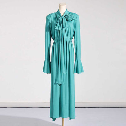 Women Long Flared Sleeve Formal Dress Shoulder Padded High Slit Event Dress