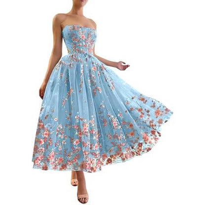 Strapless Flower Tea Length Embroidered Tulle Lace Formal Dress Homecoming Dress