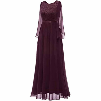 Long Sleeves Chiffon and Lace Bridemaid Dress Evening Long Collar-scoop Prom Dress