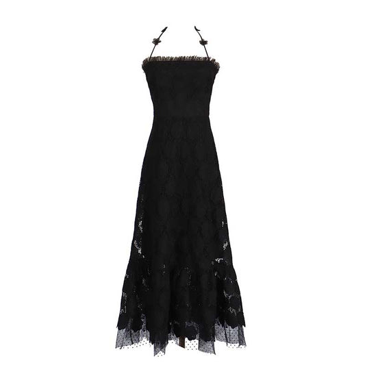 Womens Halterneck Midi Dress Lace Embroidered Floral Dress