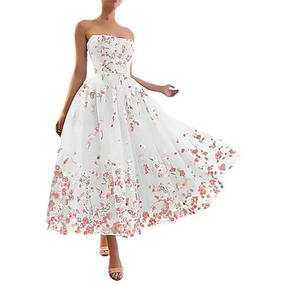 Strapless Flower Tea Length Embroidered Tulle Lace Formal Dress Homecoming Dress