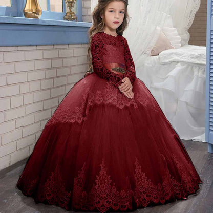 Princess Lace Flower Wedding Dress Kids Prom Puffy Tulle Ball Gown