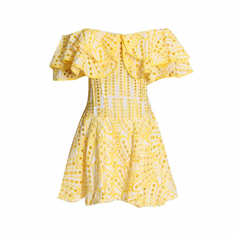 Off Shoulder Embroidered Ruffled Mini Dress