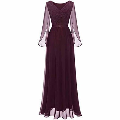 Long Sleeves Chiffon and Lace Bridemaid Dress Evening Long Collar-scoop Prom Dress