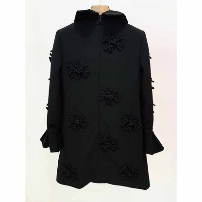 Women Hand Made 3D Flowers Flare High Neck and Cuffs Mini Dress Hot Pink / Black