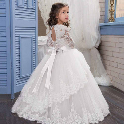 Princess Lace Flower Wedding Dress Kids Prom Puffy Tulle Ball Gown