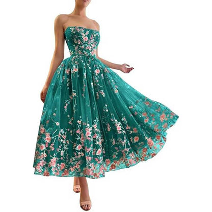 Strapless Flower Tea Length Embroidered Tulle Lace Formal Dress Homecoming Dress