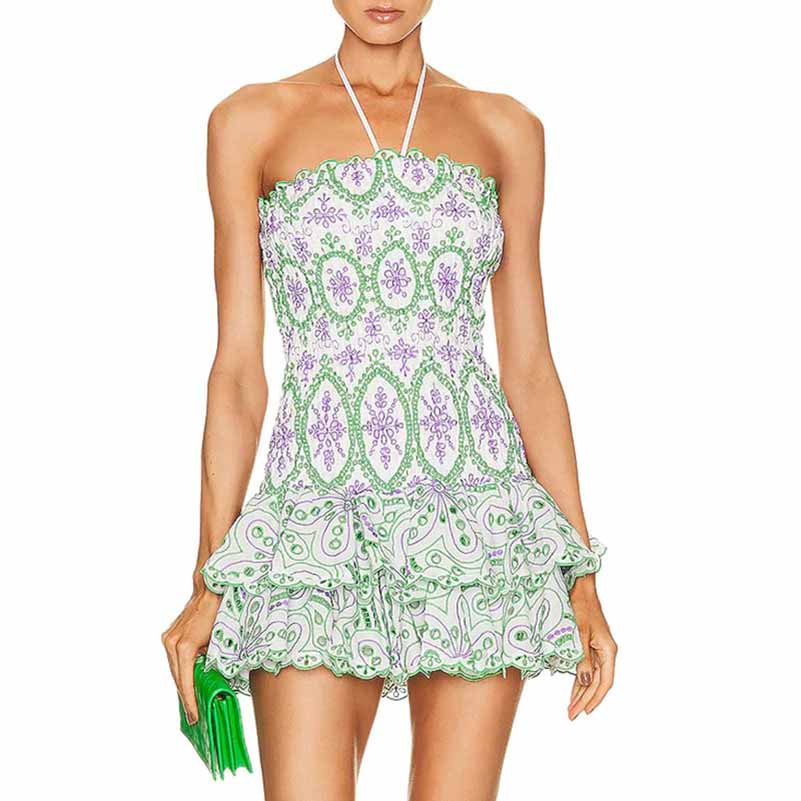 Embroidered Ruffled Strapless Mini Dress